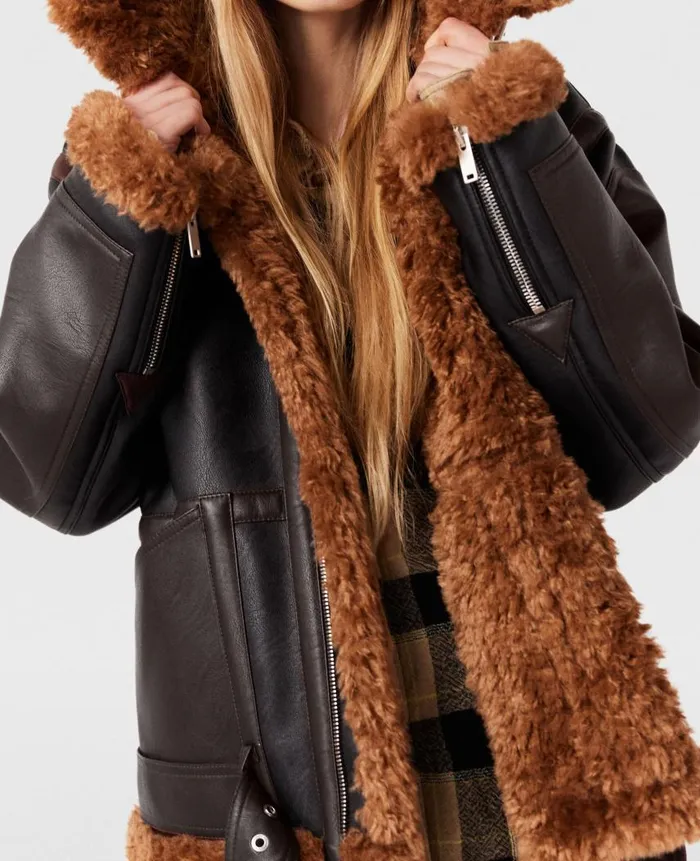 Women Coats And Jackets Stella McCartney Plush Teddy Paneled Biker Jacket Midnight Black And Chocolate Brown