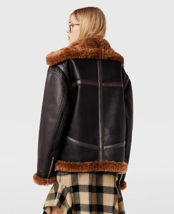 Women Coats And Jackets Stella McCartney Plush Teddy Paneled Biker Jacket Midnight Black And Chocolate Brown