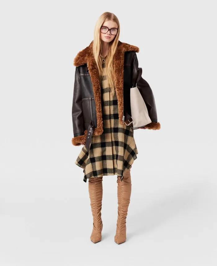 Women Coats And Jackets Stella McCartney Plush Teddy Paneled Biker Jacket Midnight Black And Chocolate Brown