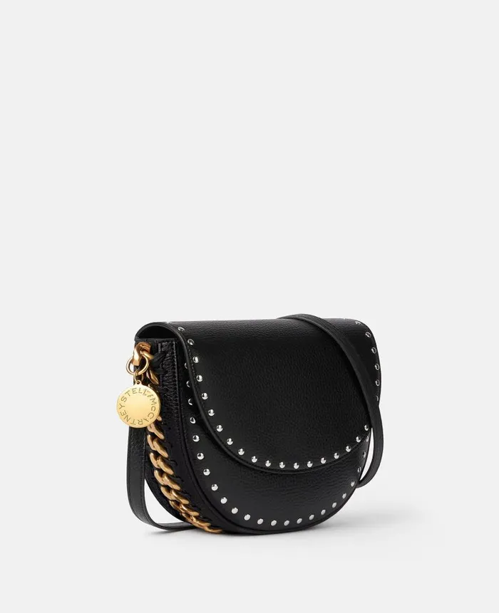 Women Crossbody Bags Stella McCartney Frayme Studded Grainy Alter Mat Medium Flap Shoulder Bag Black