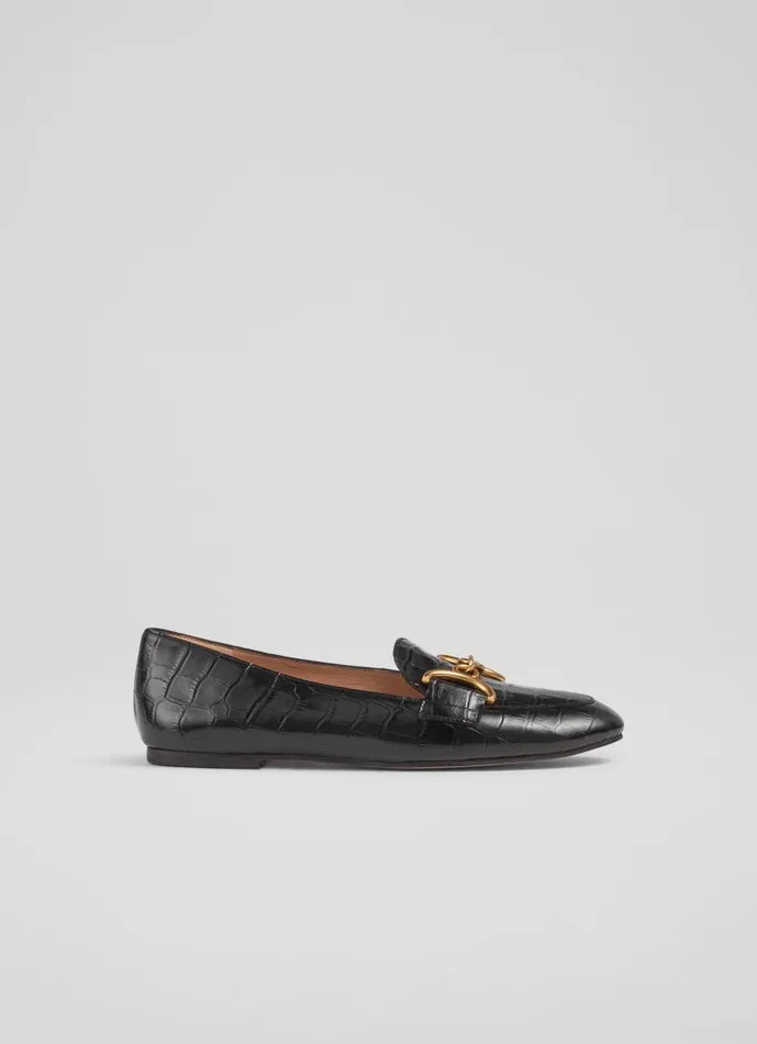 Women Daphne Black CrocEffect Leather Loafers Black LKBennett Flats