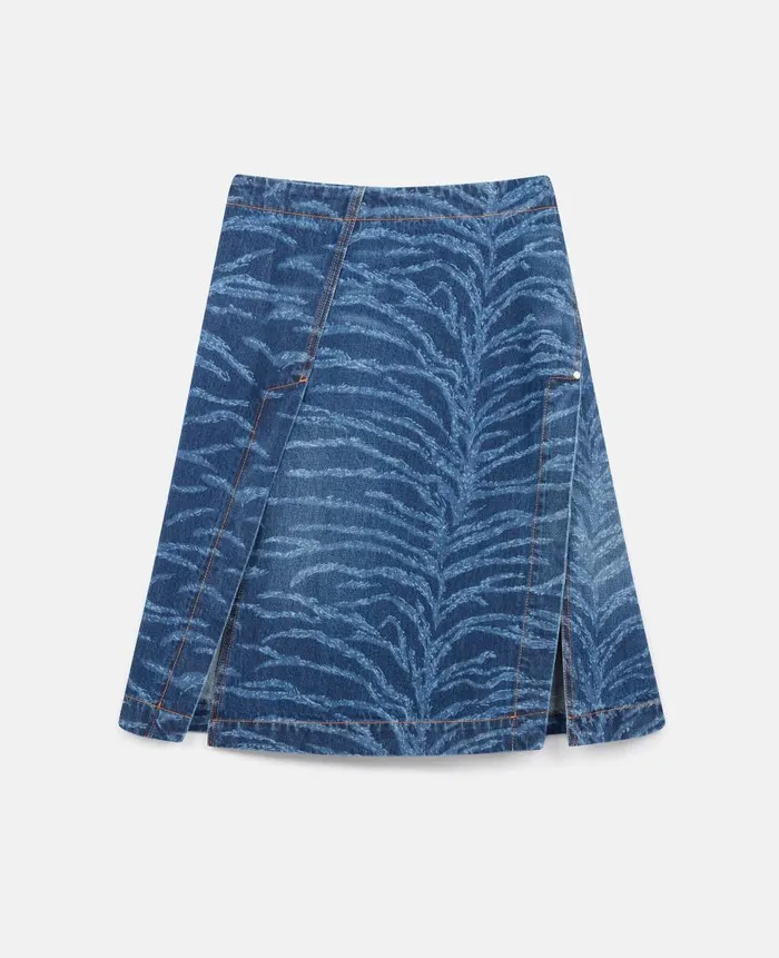 Women Denim Stella McCartney Tiger Pattern Asymmetric HighRise Midi Skirt Vintage Wash Blue Denim Women Denim Stella McCartney Tiger Pattern Asymmetric HighRise Midi Skirt Vintage Wash Blue Denim