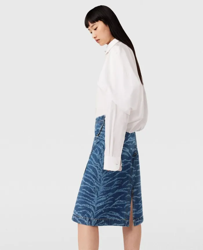 Women Denim Stella McCartney Tiger Pattern Asymmetric HighRise Midi Skirt Vintage Wash Blue Denim