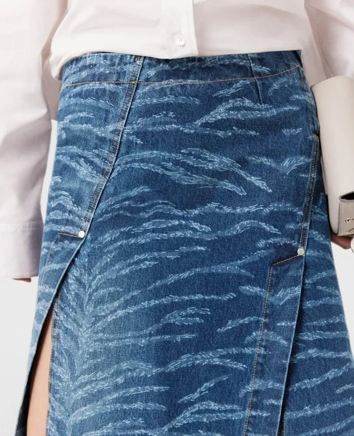 Women Denim Stella McCartney Tiger Pattern Asymmetric HighRise Midi Skirt Vintage Wash Blue Denim