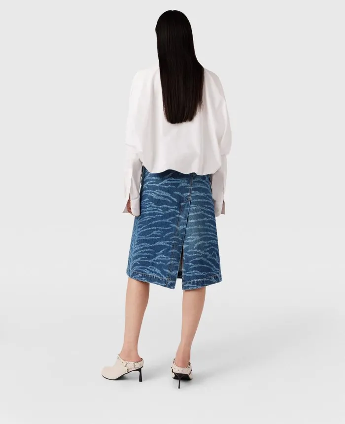 Women Denim Stella McCartney Tiger Pattern Asymmetric HighRise Midi Skirt Vintage Wash Blue Denim