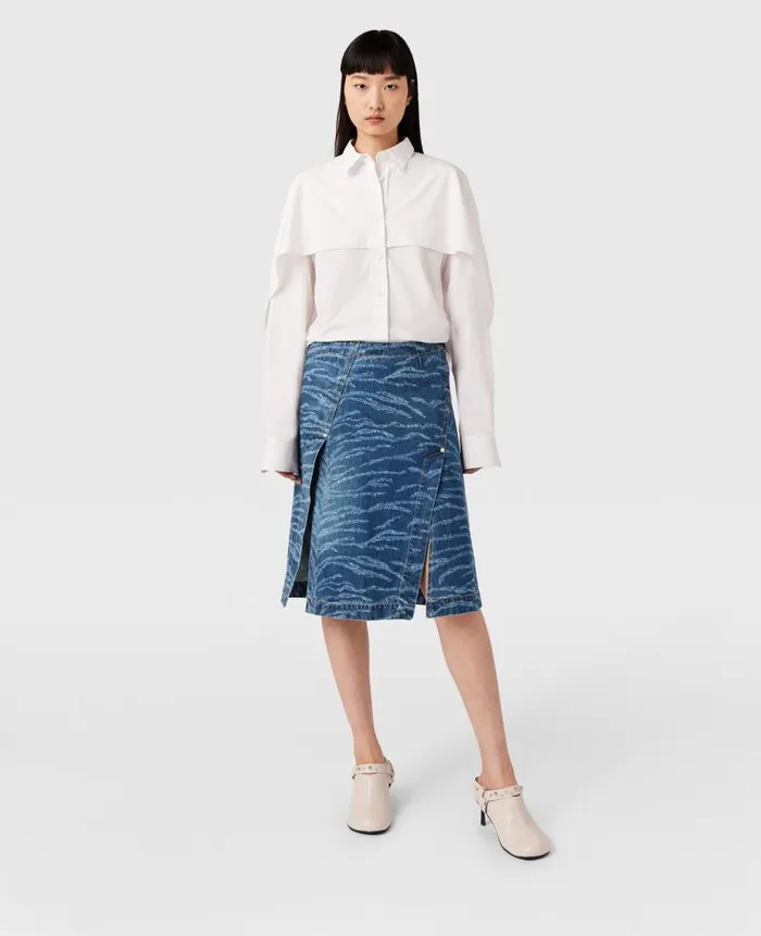 Women Denim Stella McCartney Tiger Pattern Asymmetric HighRise Midi Skirt Vintage Wash Blue Denim