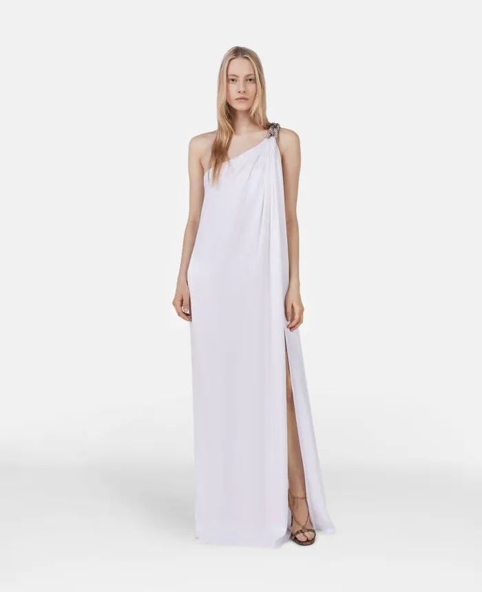 Women Dresses Stella McCartney Falabella Crystal Chain Double Satin OneShoulder Gown White