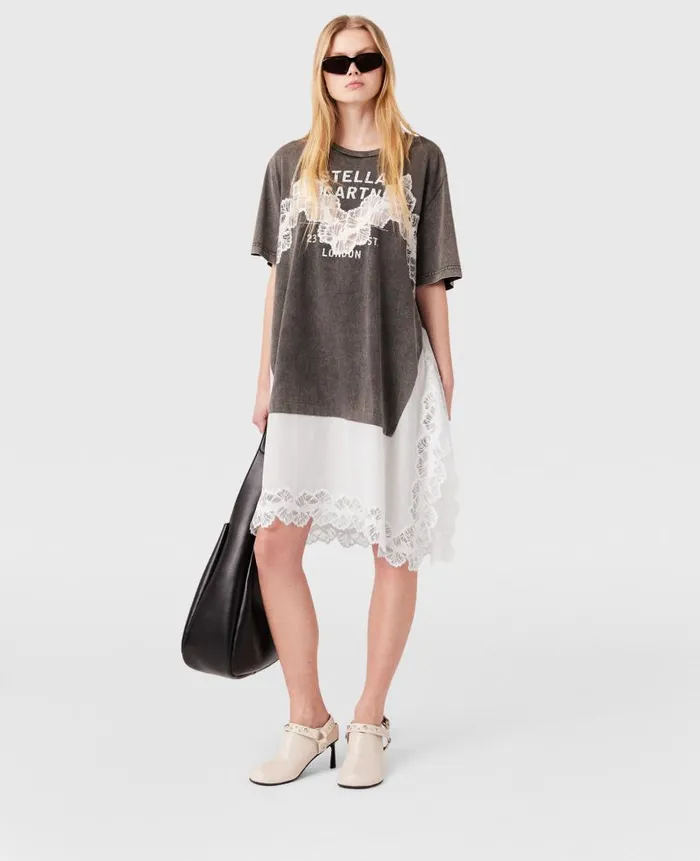 Women Dresses Stella McCartney Lace Insert TShirt Midi Dress Gray Meacutelange