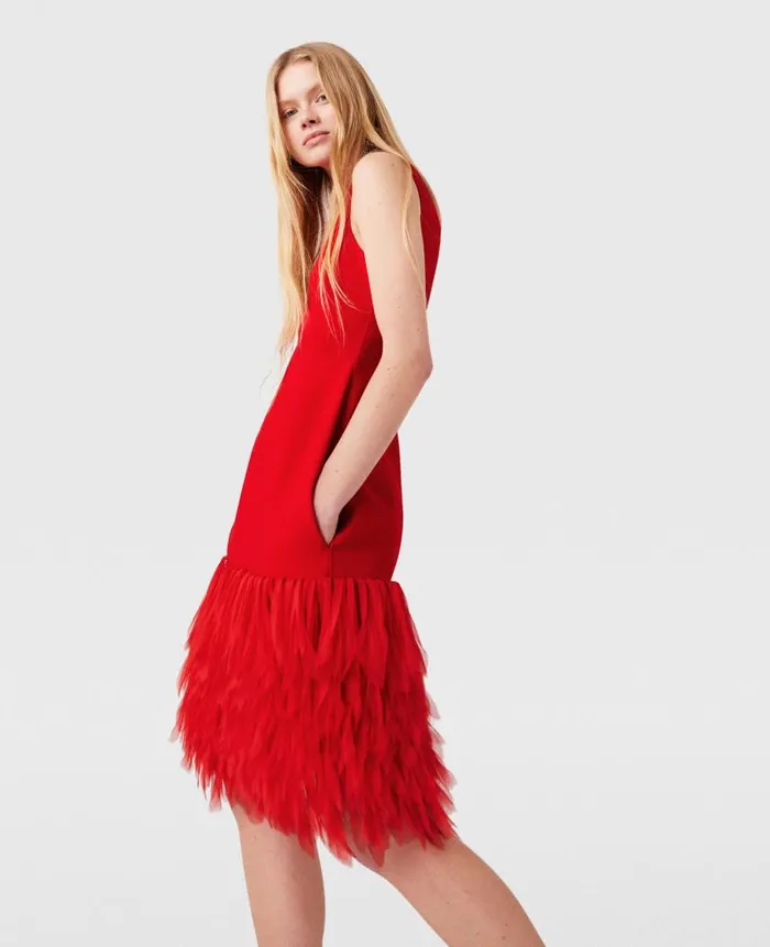 Women Dresses Stella McCartney Sleeveless Feather Midi Dress Lipstick Red