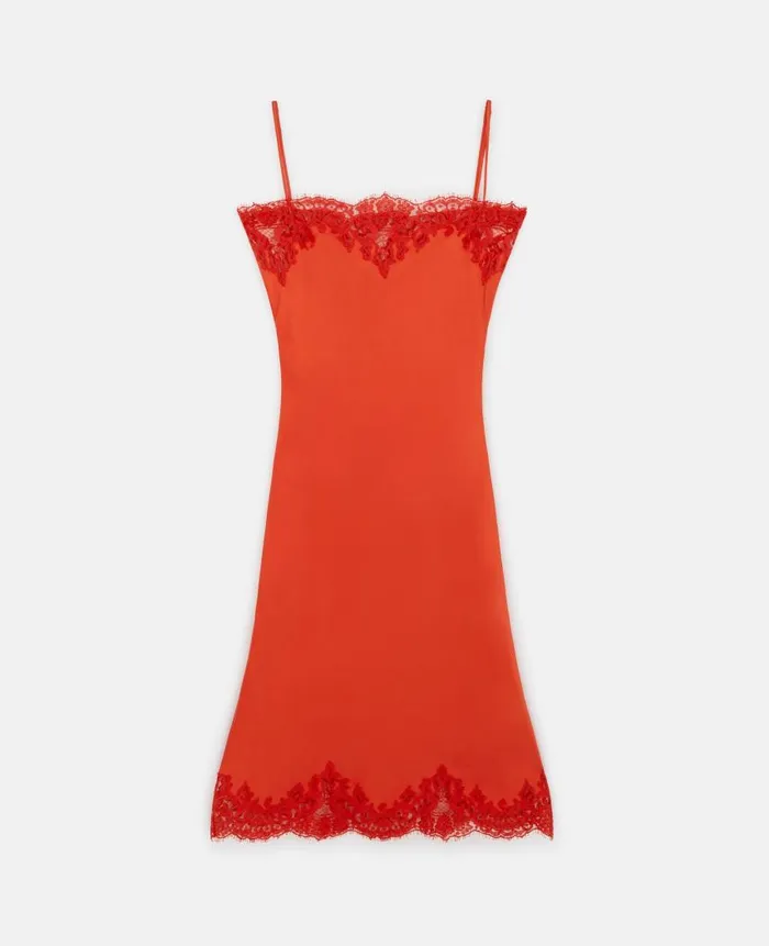 Women Dresses Stella McCartney Sleeveless Lace Satin Midi Dress Blood Orange
