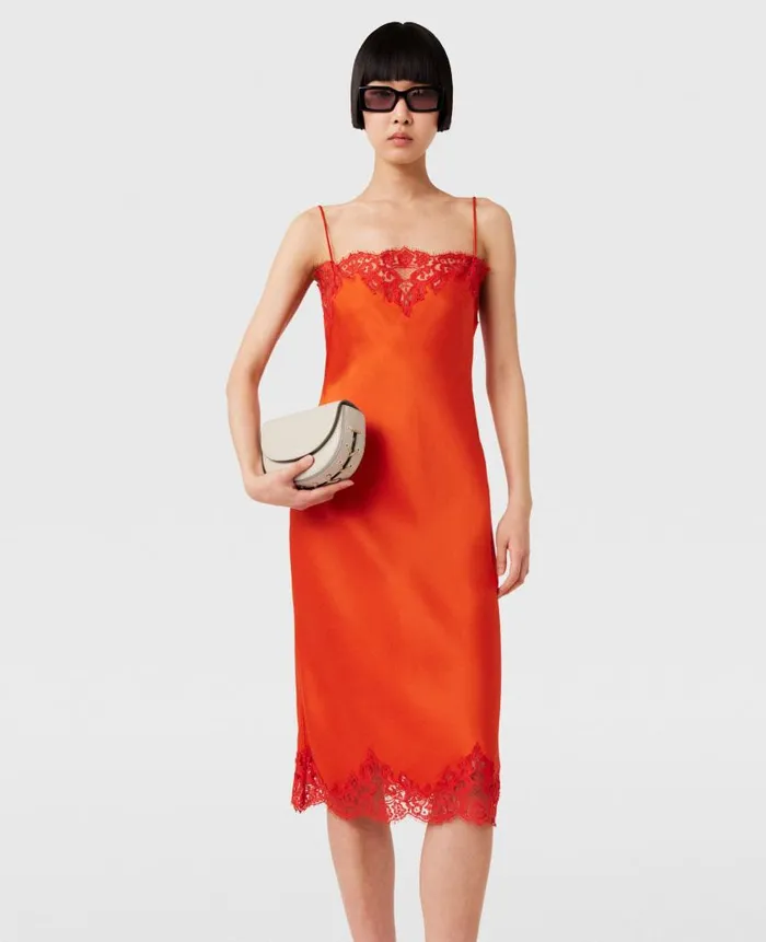 Women Dresses Stella McCartney Sleeveless Lace Satin Midi Dress Blood Orange