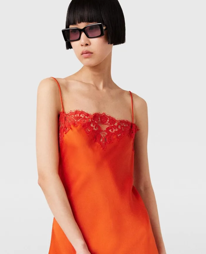 Women Dresses Stella McCartney Sleeveless Lace Satin Midi Dress Blood Orange