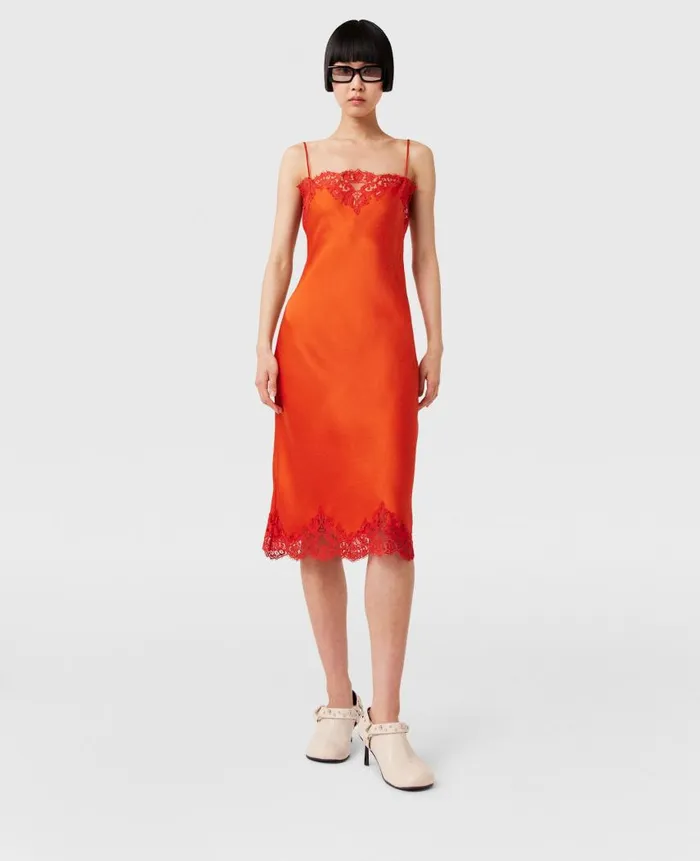 Women Dresses Stella McCartney Sleeveless Lace Satin Midi Dress Blood Orange