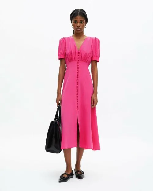 Women Dresses The Kooples Long Buttoned Dress In Pink Silk Fushia