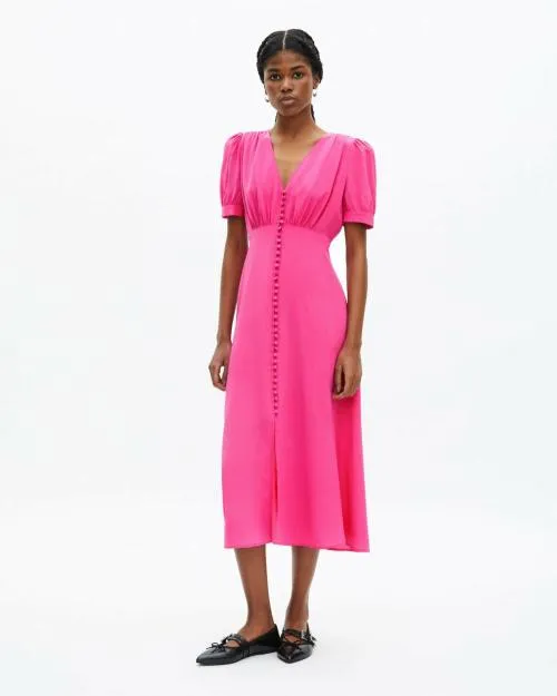 Women Dresses The Kooples Long Buttoned Dress In Pink Silk Fushia
