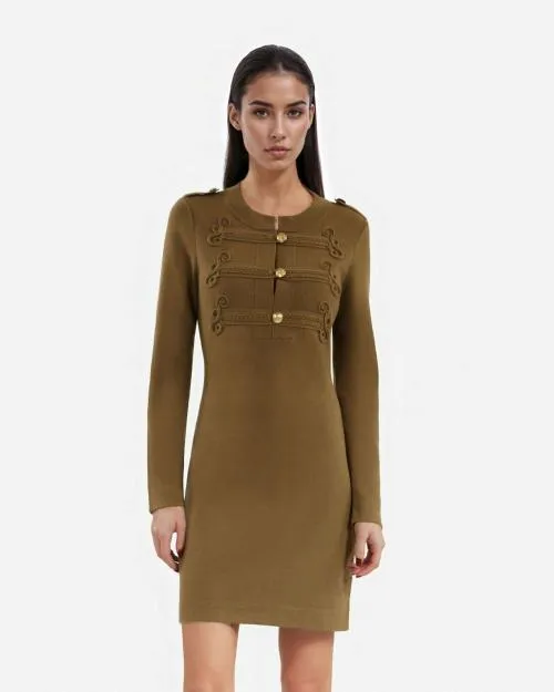 Women Dresses The Kooples Short Khaki Knit OfficerStyle Dress Kaki