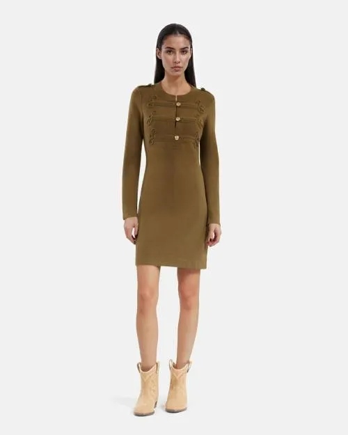 Women Dresses The Kooples Short Khaki Knit OfficerStyle Dress Kaki