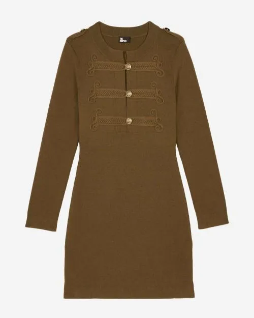 Women Dresses The Kooples Short Khaki Knit OfficerStyle Dress Kaki