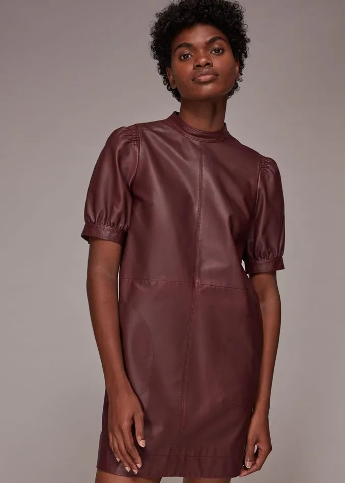 Women Dresses Whistles Burgundy Puff Sleeve Leather Dress