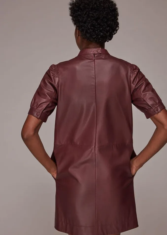 Women Dresses Whistles Burgundy Puff Sleeve Leather Dress