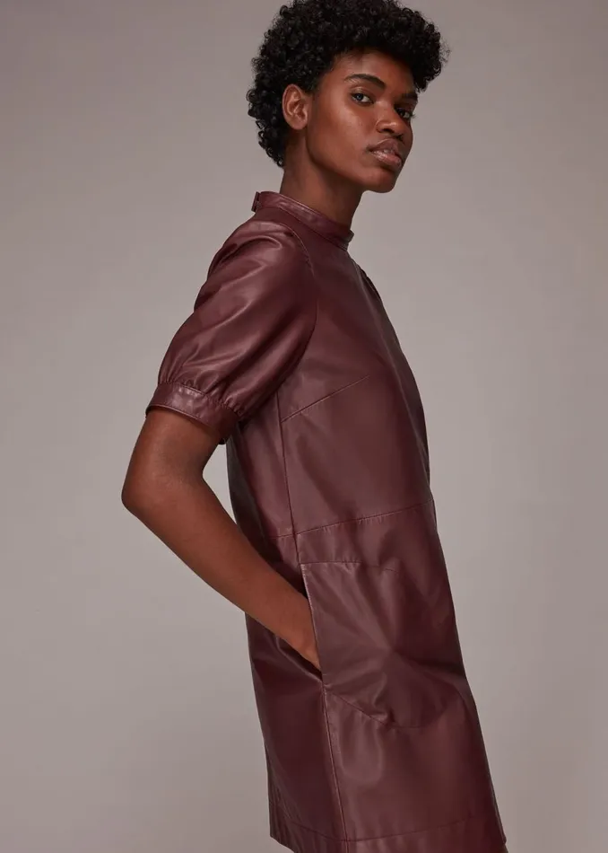 Women Dresses Whistles Burgundy Puff Sleeve Leather Dress