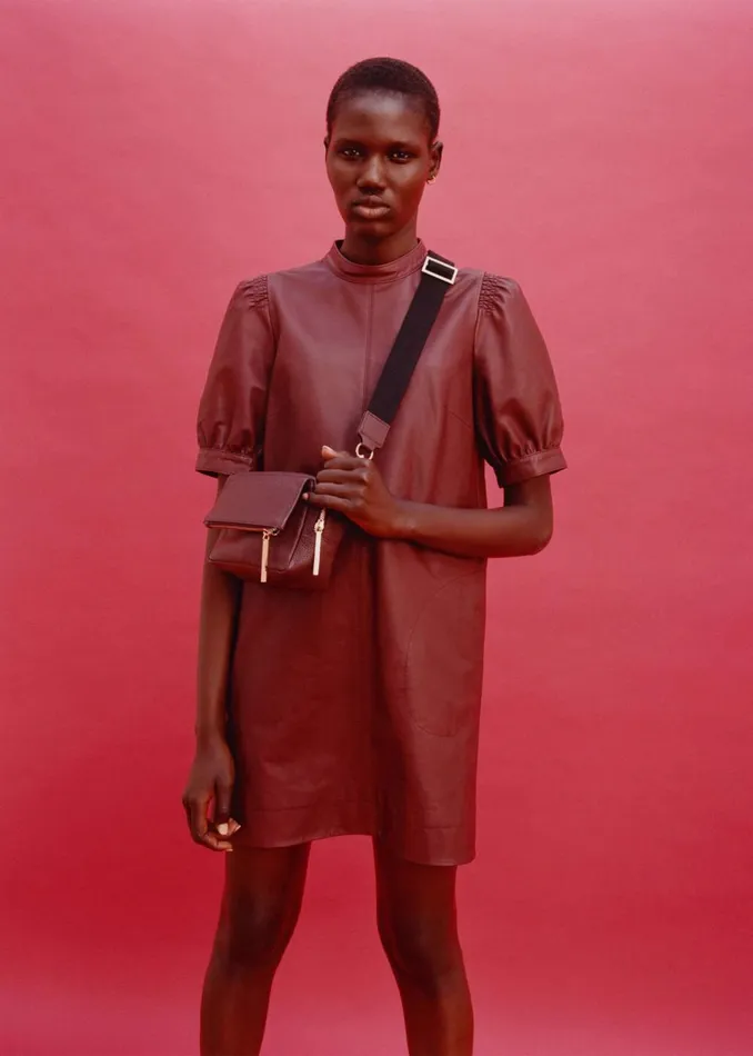 Women Dresses Whistles Burgundy Puff Sleeve Leather Dress