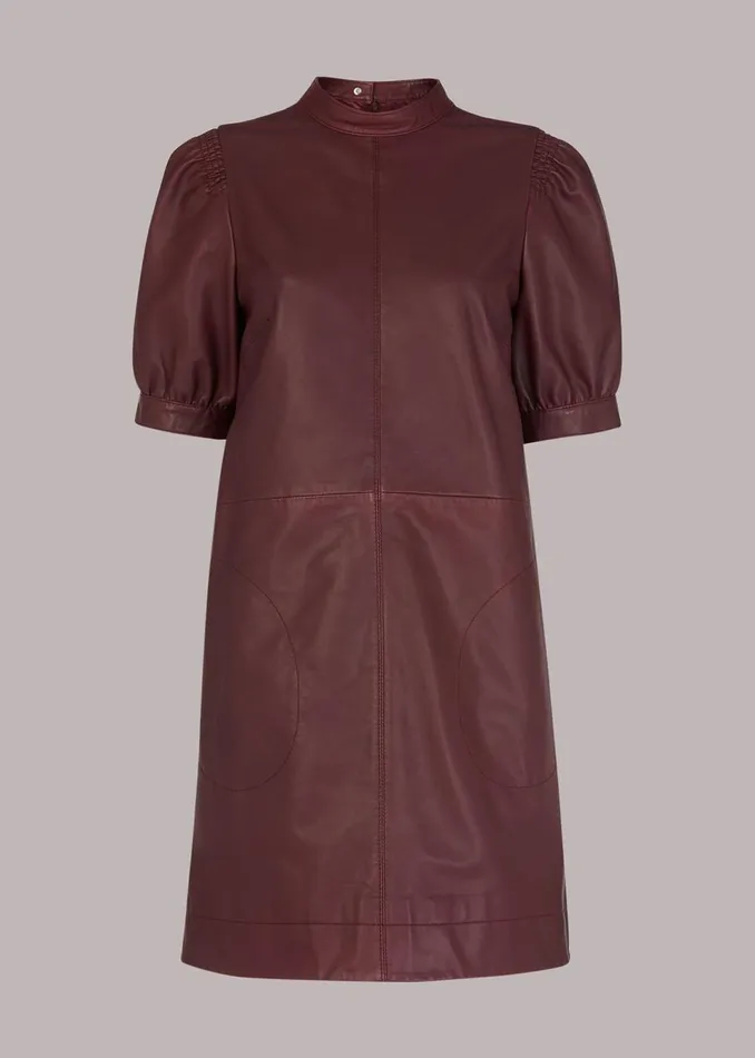 Women Dresses Whistles Burgundy Puff Sleeve Leather Dress