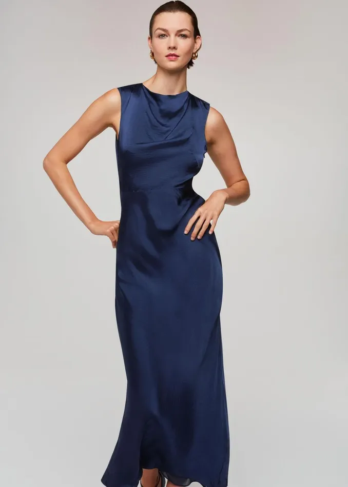 Women Dresses Whistles Navy Cowl Neck Satin Maxi Dress