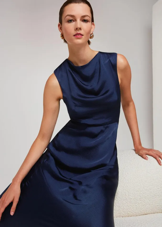 Women Dresses Whistles Navy Cowl Neck Satin Maxi Dress