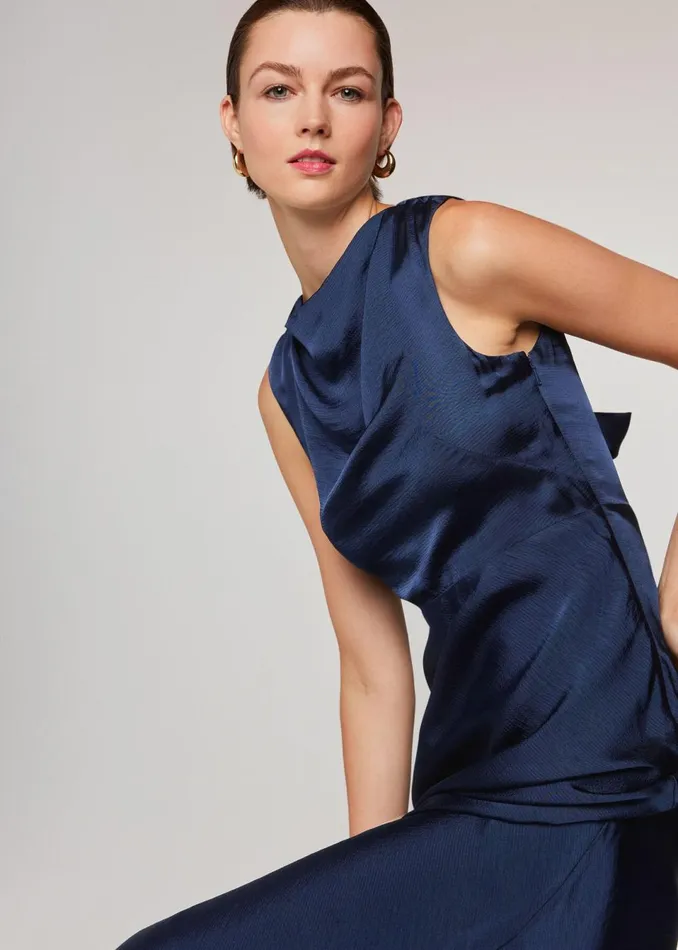 Women Dresses Whistles Navy Cowl Neck Satin Maxi Dress