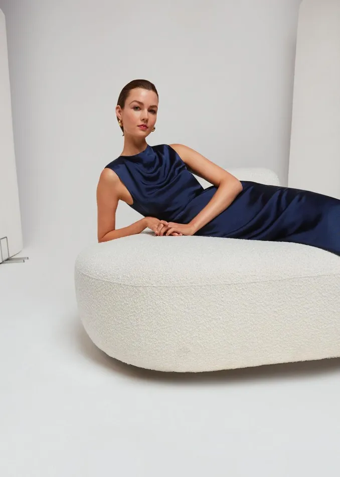 Women Dresses Whistles Navy Cowl Neck Satin Maxi Dress