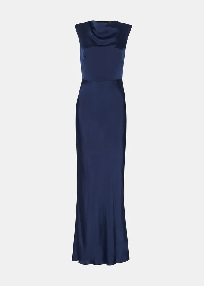 Women Dresses Whistles Navy Cowl Neck Satin Maxi Dress