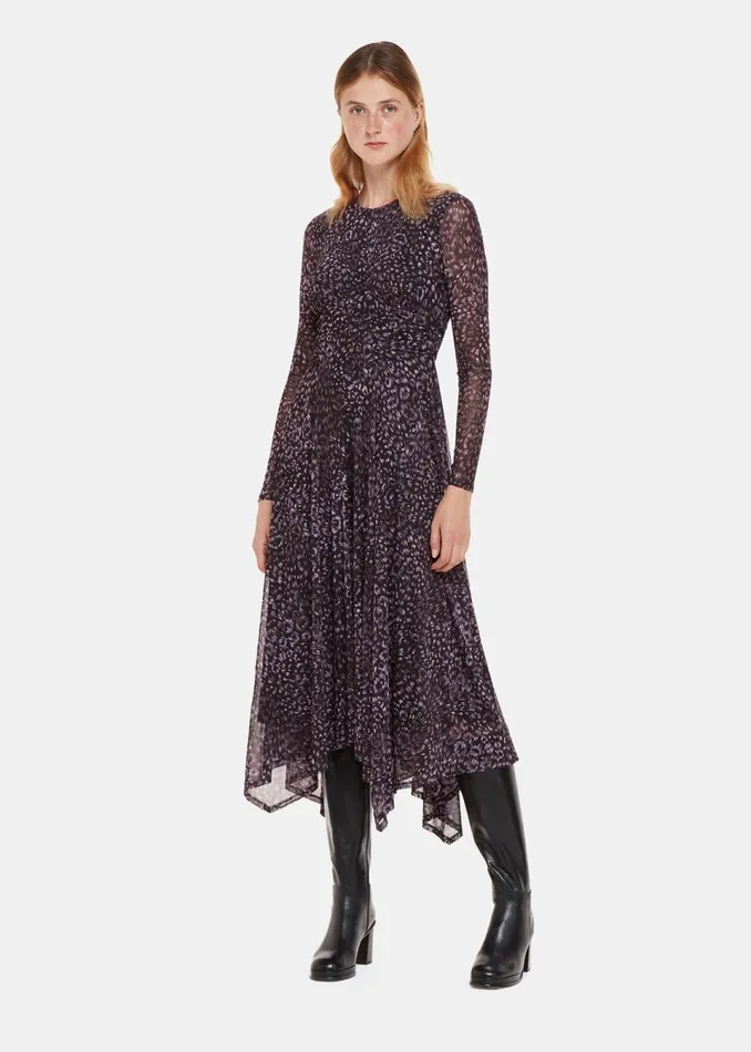 Women Dresses Whistles Purple Feather Leopard Mesh Dress