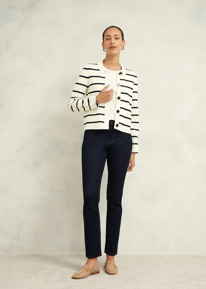 Women Ellie Cotton Wool Knitted Jacket Ivory Navy Hobbs Coats and Jackets