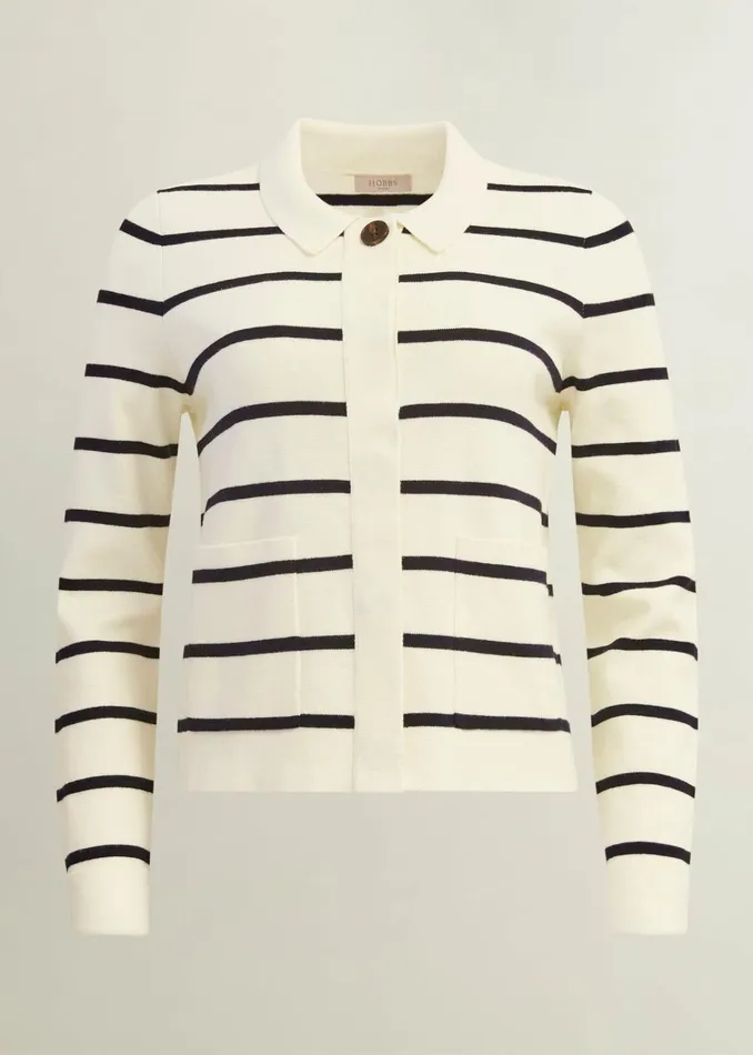 Women Ellie Cotton Wool Knitted Jacket Ivory Navy Hobbs Coats and Jackets