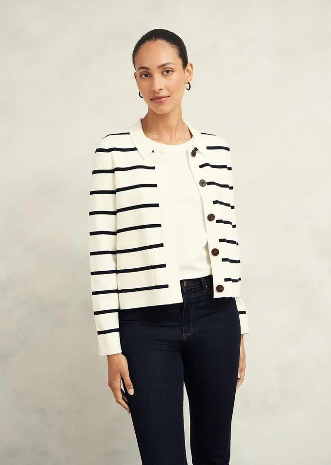 Women Ellie Cotton Wool Knitted Jacket Ivory Navy Hobbs Coats and Jackets