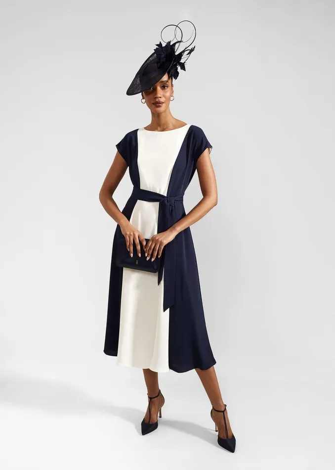 Women Emery Tie Belted Midi Dress Navy Cream Hobbs Dresses and Jumpsuits