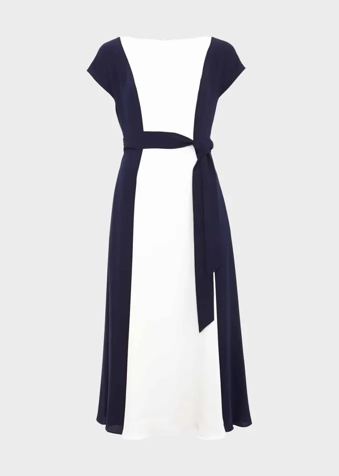 Women Emery Tie Belted Midi Dress Navy Cream Hobbs Dresses and Jumpsuits