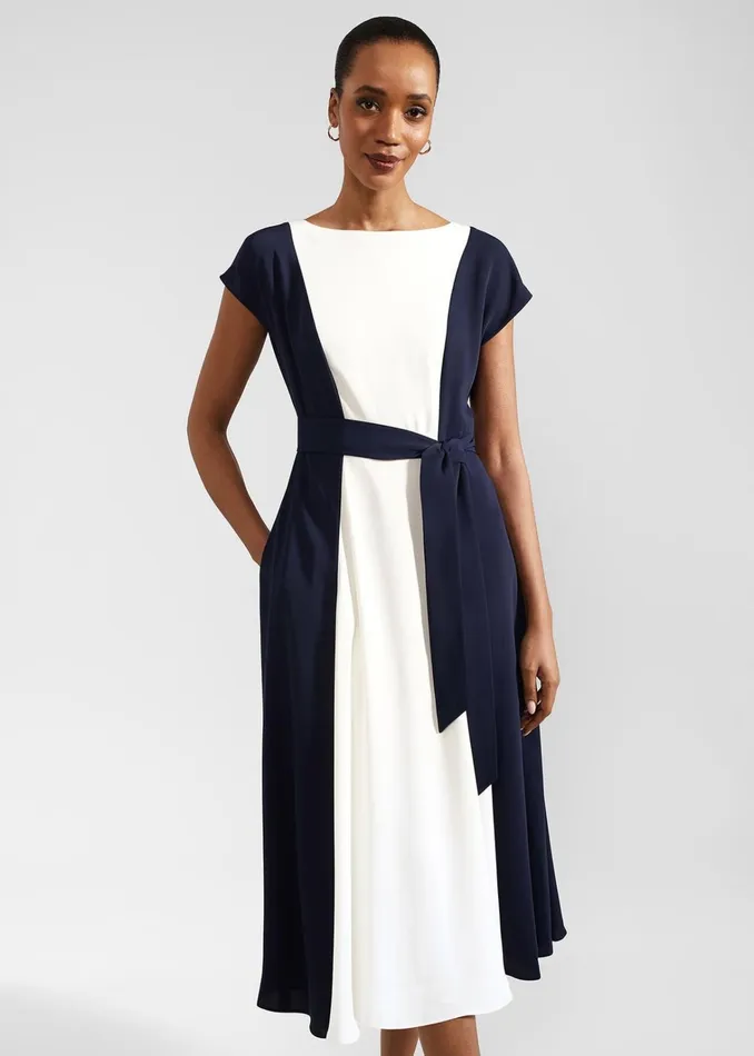 Women Emery Tie Belted Midi Dress Navy Cream Hobbs Dresses and Jumpsuits