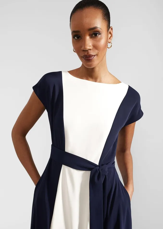 Women Emery Tie Belted Midi Dress Navy Cream Hobbs Dresses and Jumpsuits
