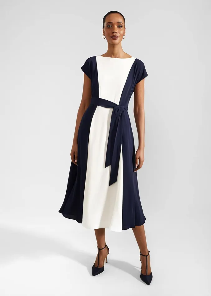Women Emery Tie Belted Midi Dress Navy Cream Hobbs Dresses and Jumpsuits