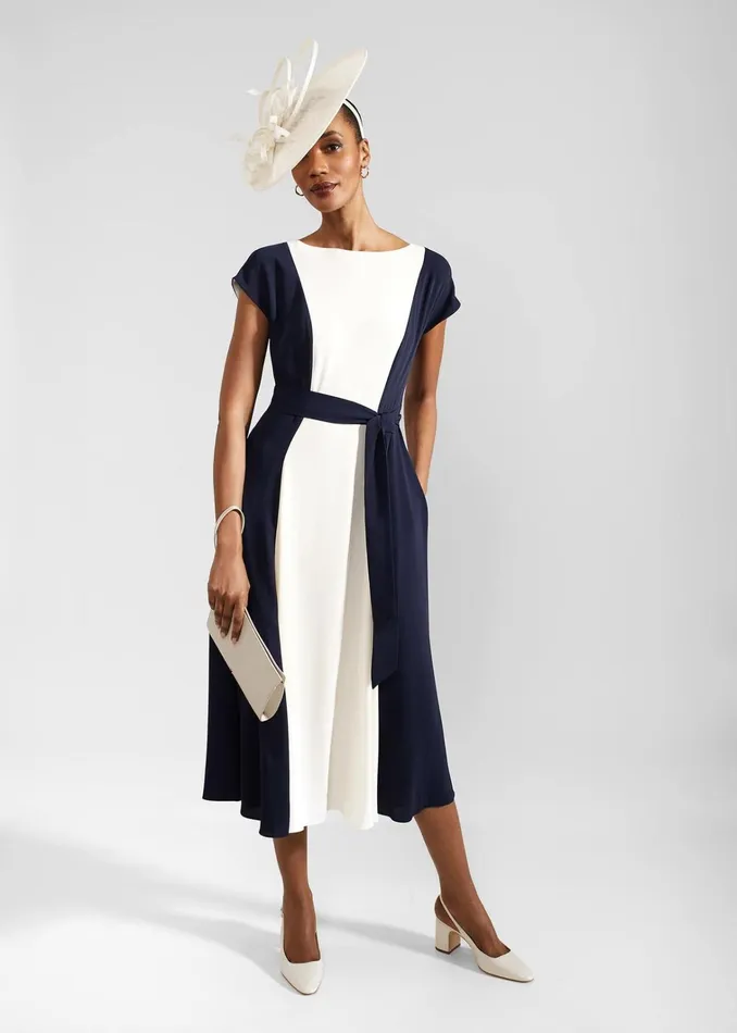 Women Emery Tie Belted Midi Dress Navy Cream Hobbs Dresses and Jumpsuits