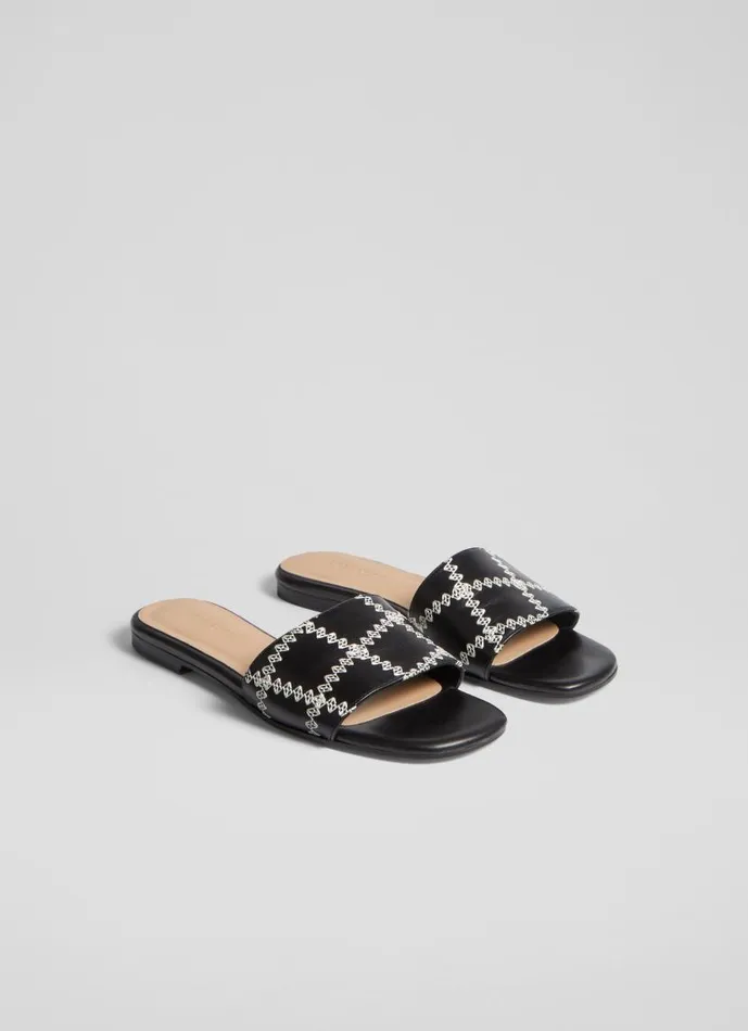 Women Hema Black Leather Stitch Detail Flat Mules Black LKBennett Flats