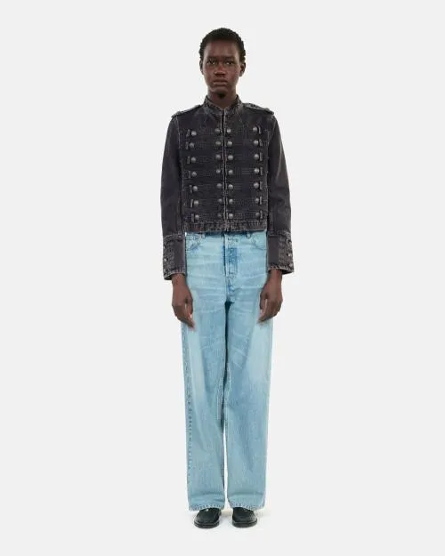 Women Jackets and Blazers The Kooples Grey Denim Officer Style Jacket Black Washed