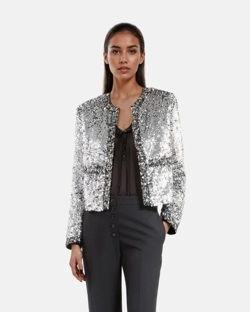 Women Jackets and Blazers The Kooples Silver Sequin And Pearl Jacket Silver