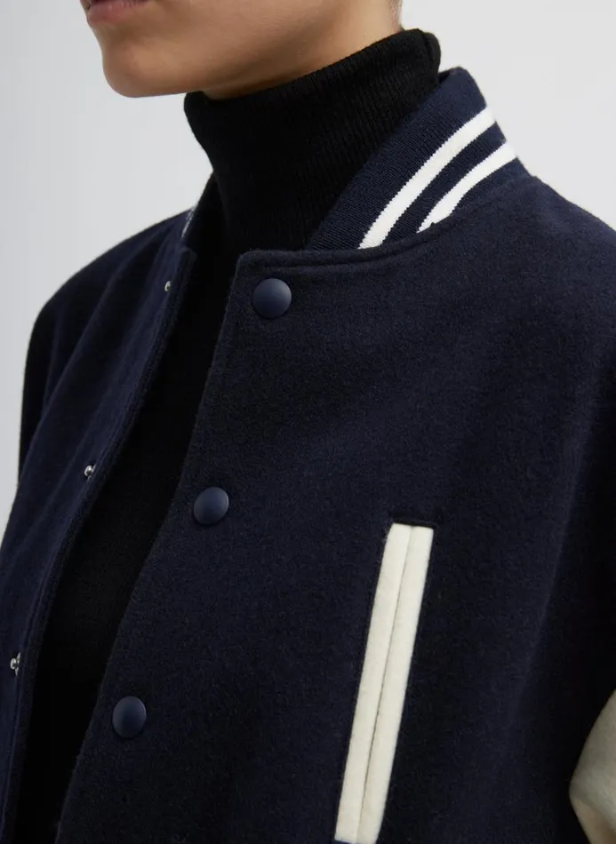 Women Jackets and Outerwear Tibi Felted Wool Cocoon Varsity Bomber Navy