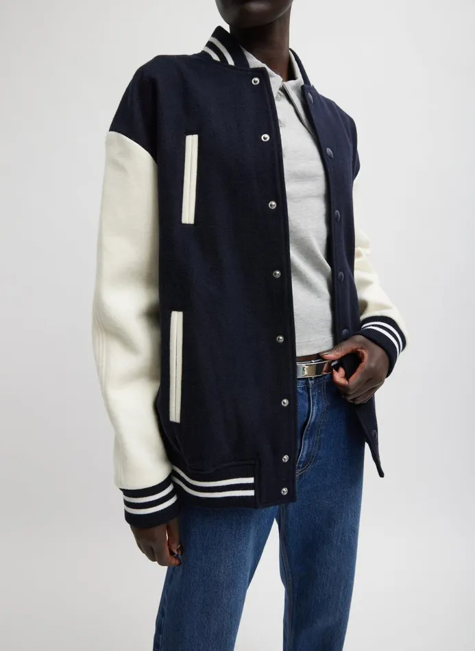 Women Jackets and Outerwear Tibi Felted Wool Cocoon Varsity Bomber Navy