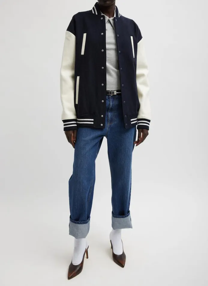Women Jackets and Outerwear Tibi Felted Wool Cocoon Varsity Bomber Navy