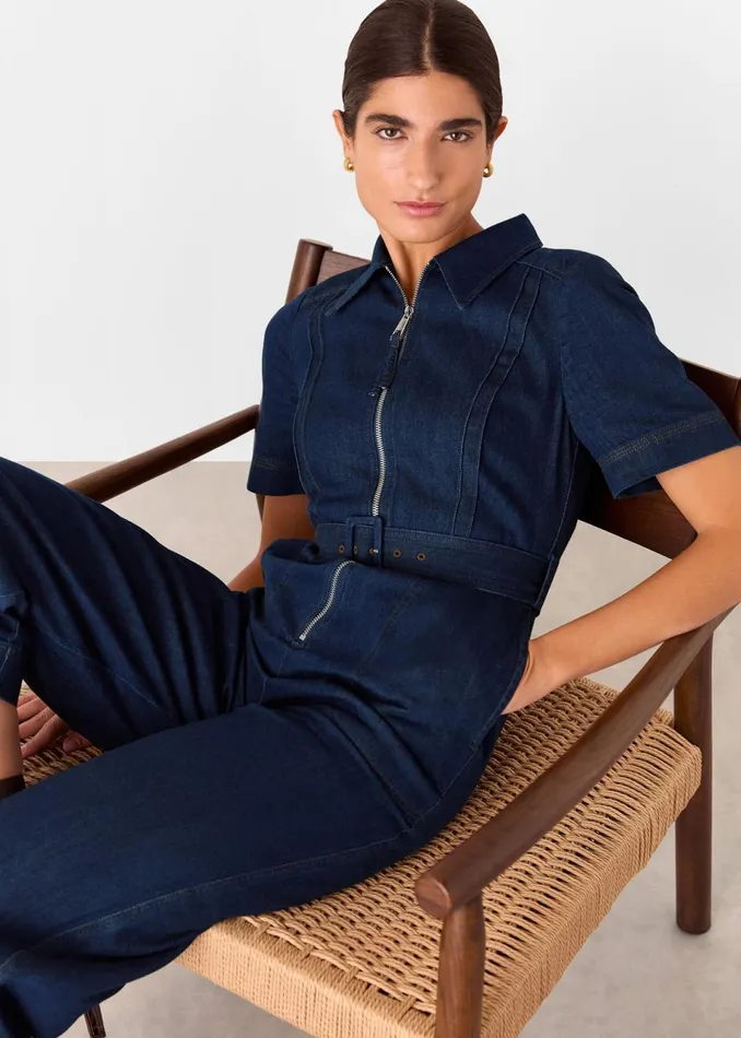 Women Jumpsuits Whistles Denim Denim Pintuck Belted Jumpsuit