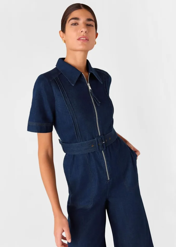 Women Jumpsuits Whistles Denim Denim Pintuck Belted Jumpsuit